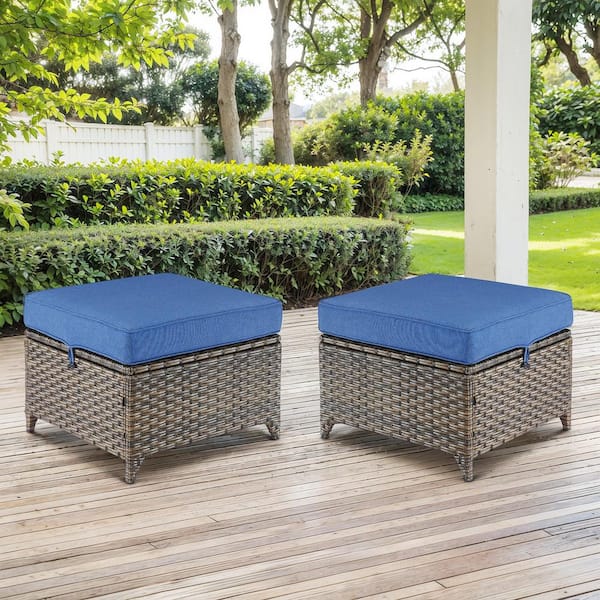 Luxurious Brown Wicker Outdoor Ottoman with Blue Cushions and Fastening Loop (2-Pack)