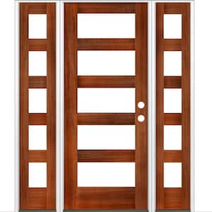 60 in. x 80 in. Modern Hemlock Right-Hand/Inswing 5-Lite Clear Glass Red Chestnut Stain Wood Prehung Front Door w/DSL