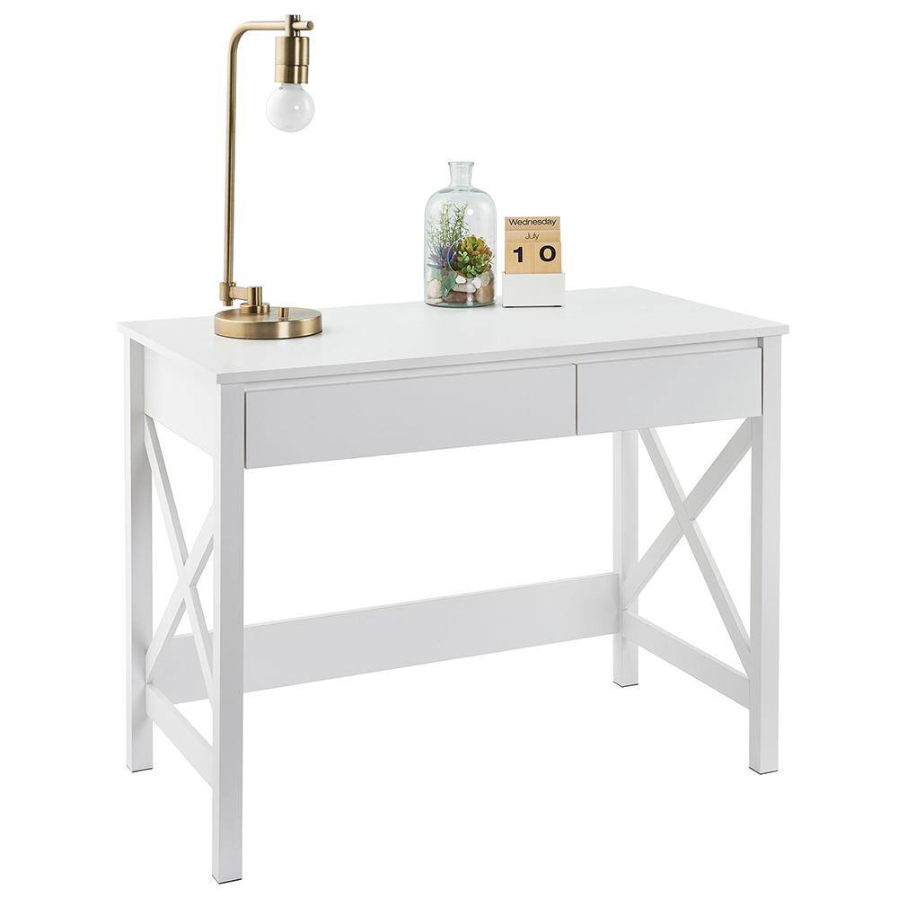 X-Frame Coastal White Composite Writing Desk with Drawers