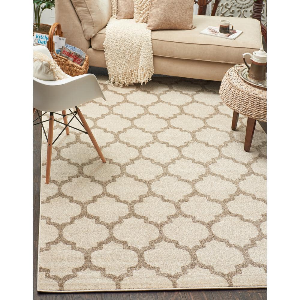 Beige and Light Brown 4' x 6' Trellis Synthetic Area Rug
