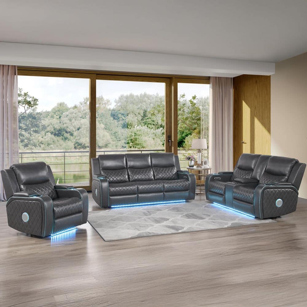 Steve SIlver Luna 3 Piece Charcoal Leather Reclining Living Room