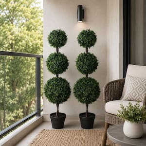 4 ft. Artificial Triple Ball Topiary Trees Large Faux Boxwood Shrubs Plants for outdoor Indoor Home Decor of 2