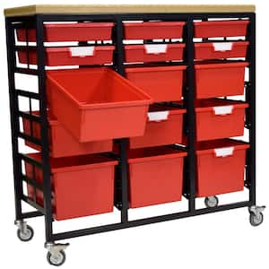 Mobile Workbench Storage Station With Wood Top -15 StorSystem Trays-Red