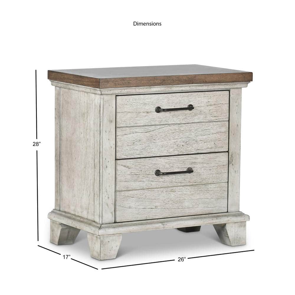 Rustic Ivory Farmhouse 2-Drawer Nightstand with Honey Accents