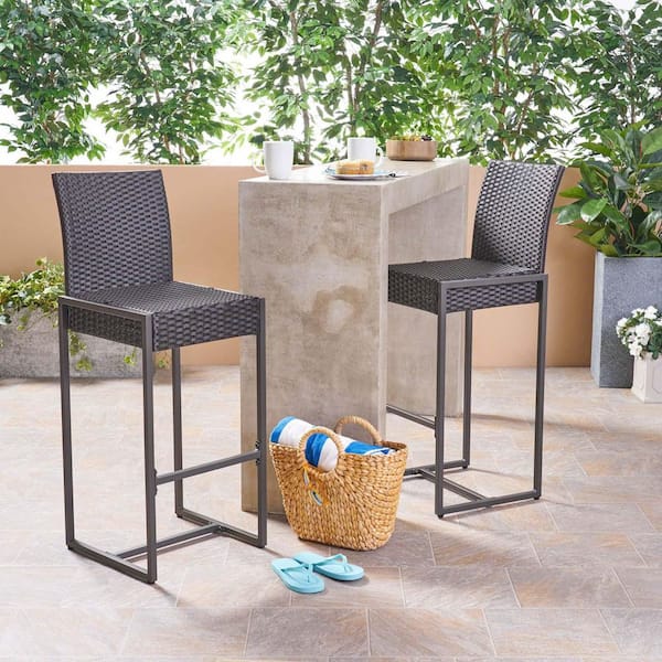 Unbranded Dark Brown Wicker Outdoor Bar Stool Patio Bar Height Chairs Dining Chairs with Backrest and Footrest (Set of 2)