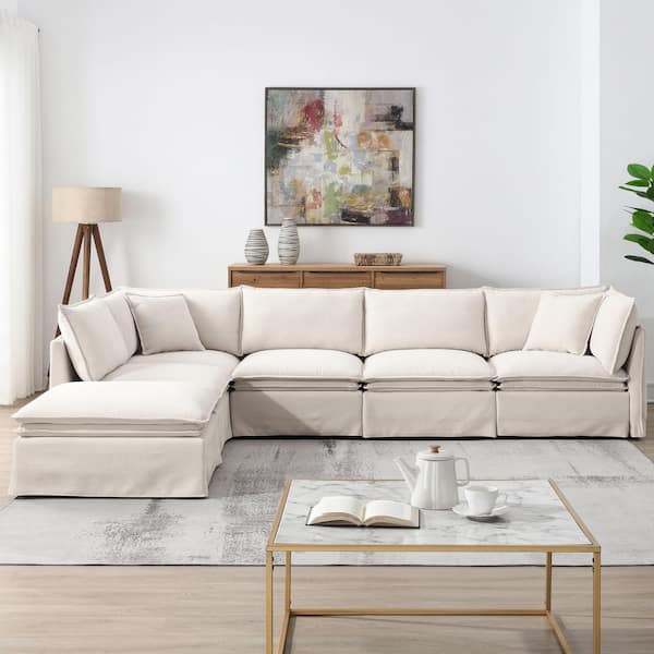 125.5 in. Square Arm Chenille Sofa in Off White with Movable Ottoman and Free Combination