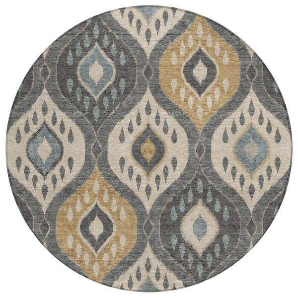 Chantille Machine Washable Indoor/Outdoor Abstract ACN3123 Charcoal 8 ft. x 8 ft. Round Rug