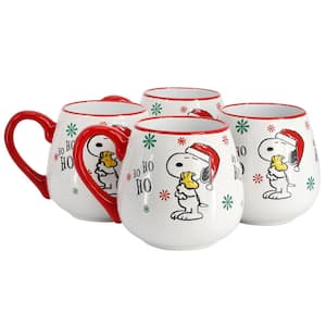 Snoopy and Woodstock 4-Piece 20oz Stoneware Holiday Ho Ho Ho Mug Set in Red