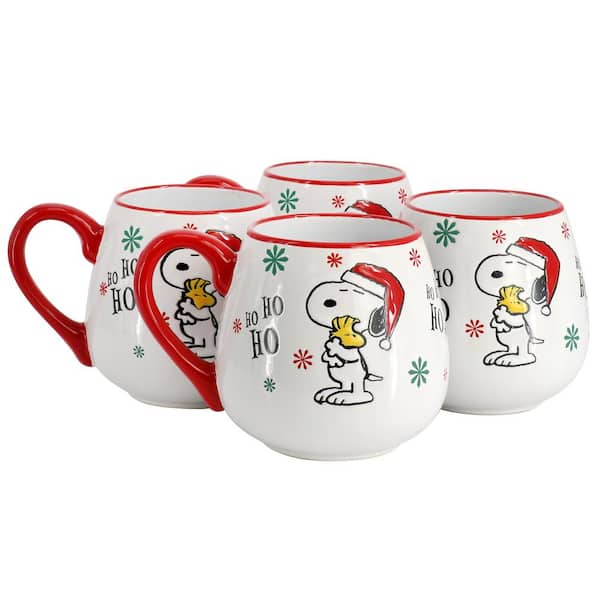 Peanuts Snoopy and Woodstock 4-Piece 20oz Stoneware Holiday Ho Ho Ho Mug Set in Red