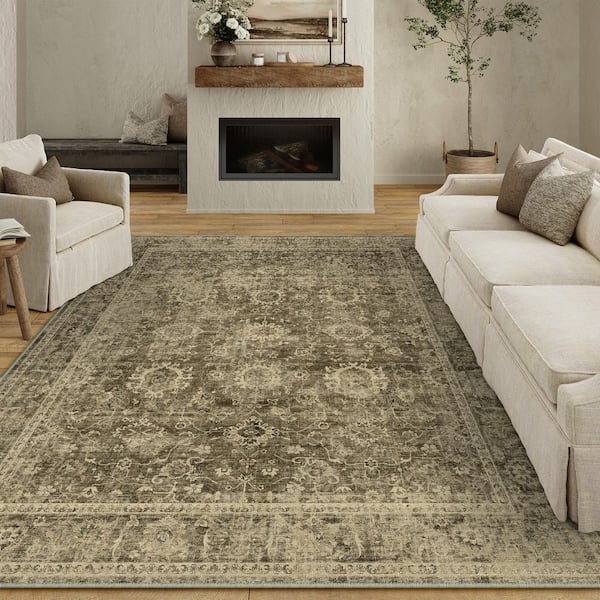 Fars Brown 9 ft. x 12 ft. Distressed Vintage Floral Area Rug
