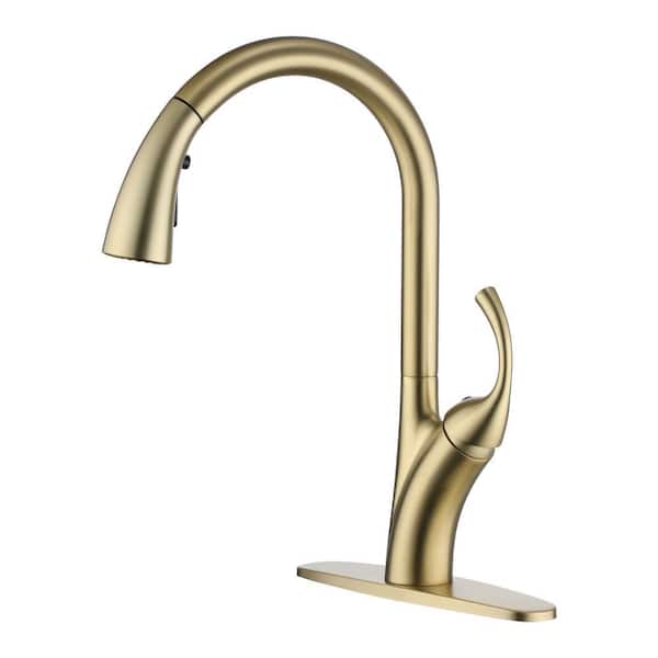 3-Spray Patterns Stainless Steel Single Handle Pull Down Sprayer Kitchen Faucet with Deck Plate in Brushed Gold