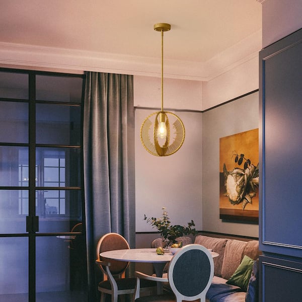 60-Watt 1 Light Ice Flower Gold Modern Pendant Light with Planetary Ring Decoration