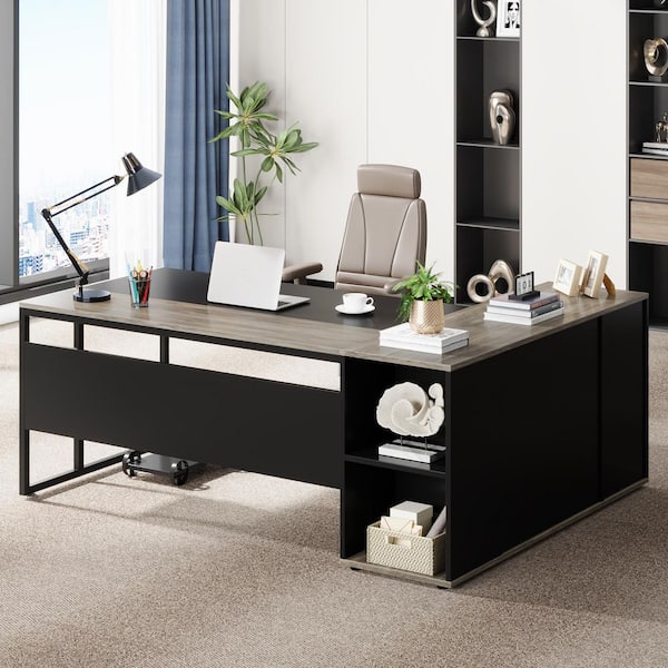 71 in. L-Shaped Gray and Black Wood Office Executive Desk with Cabinet, Large Computer Desk with Storage Shelves, Door