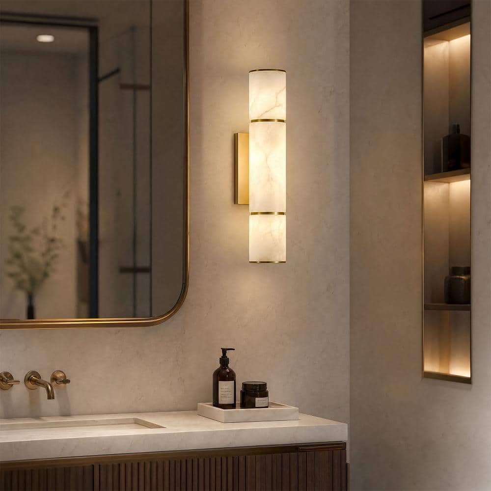 15W Dimmable Natural Alabaster Cylinder Wall Sconce, Brushed Gold LED Wall Light for Bathroom Vanity Hallway Bedroom price history on PriceWatchPro