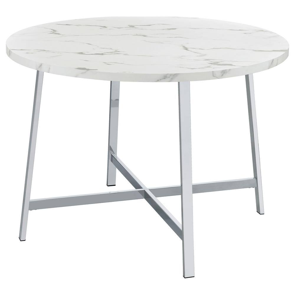 Round White Faux Marble and Chrome Dining Table