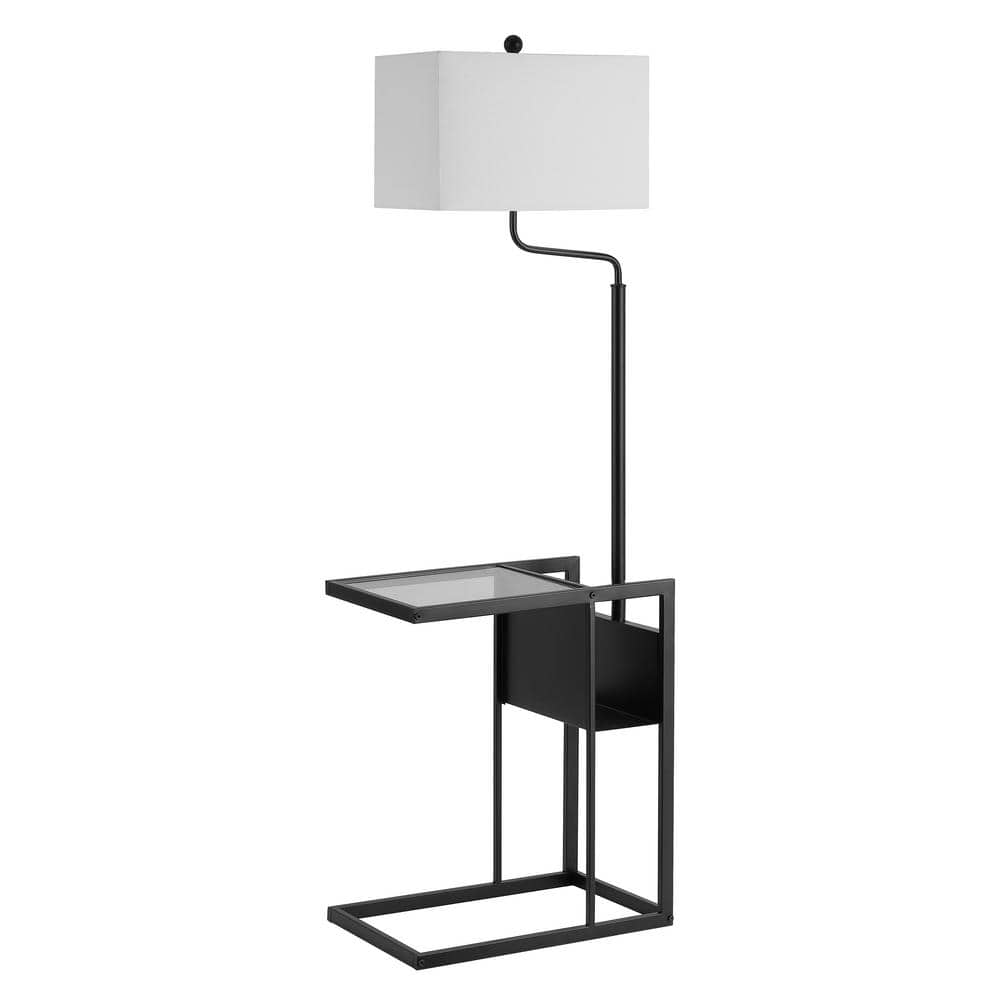 Janson Matte Black Floor Lamp with Shelf and White Shade