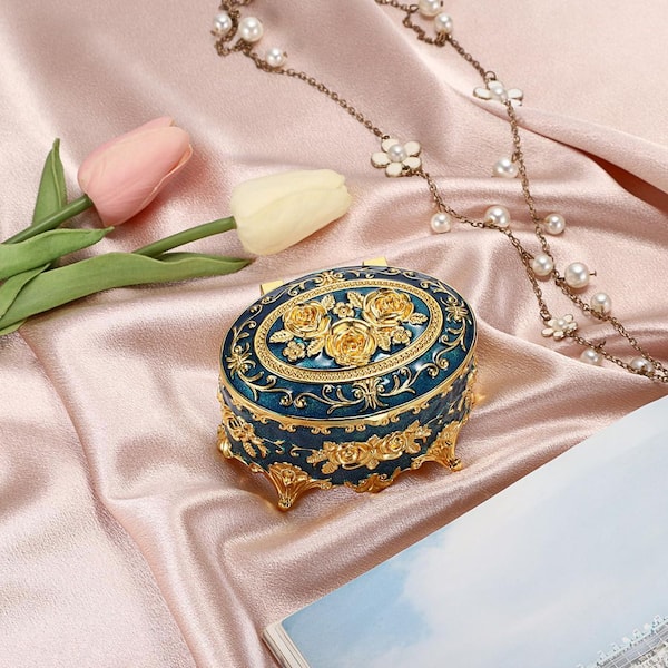 Vintage Oval Trinket Box with Rose Pattern Antique Metal Keepsake