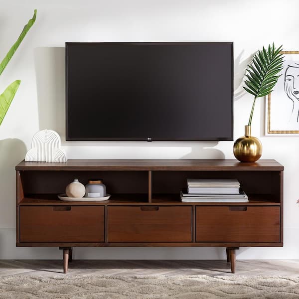 Welwick Designs 58 in. W Walnut Solid Wood TV Stand with Cutout Cabinet  Handles (Max tv size 65 in.) HD8851 - The Home Depot