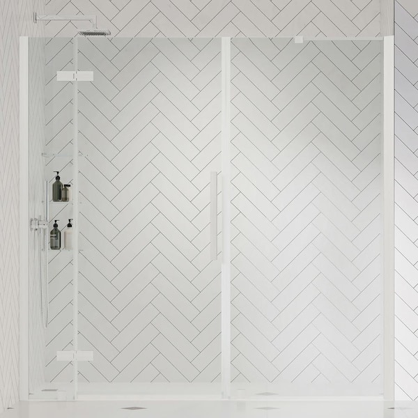 OVE Decors Tampa 67 in. -  69 3/8 in. W x 72 in. H Pivot Frameless Shower Door in Satin Nickel With Shelves