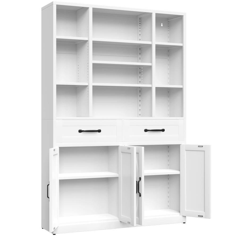 White office storage cabinet with open shelving, drawers, and open cabinet doors.