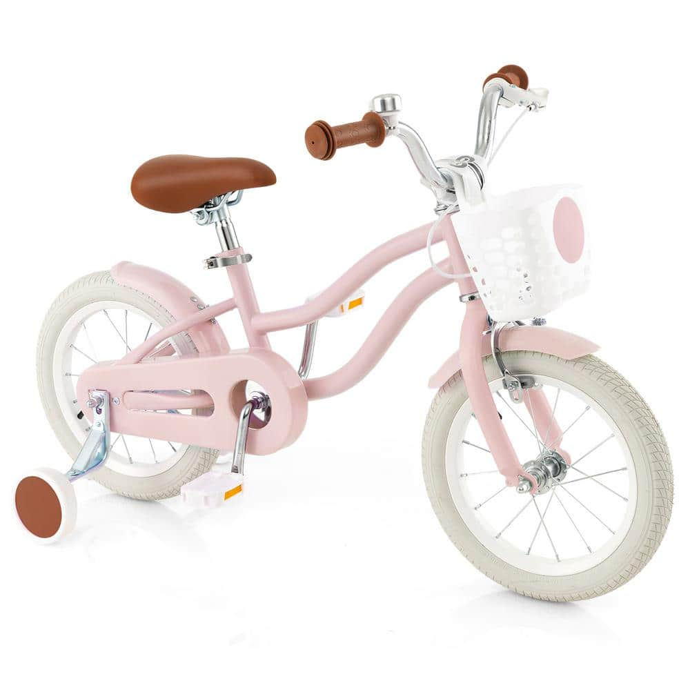 Gymax 14 in. Kids Bike Children's Training Bicycle with Removable Training Wheels and Basket Pink