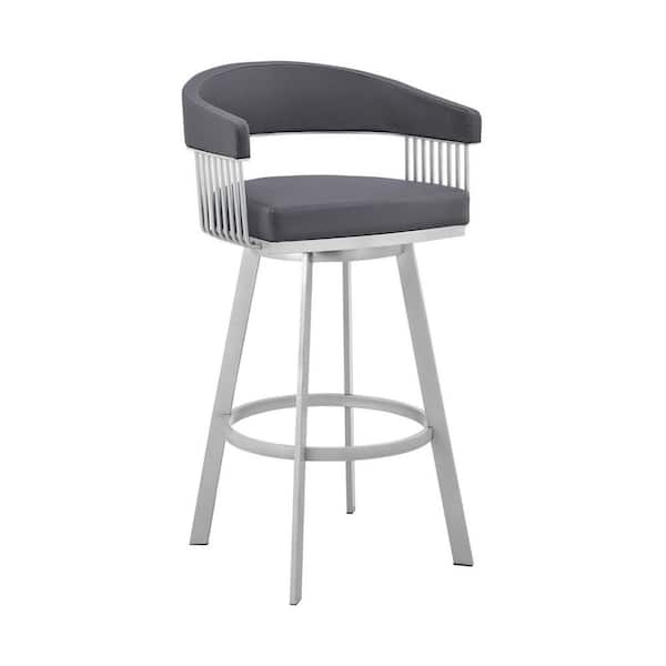 HomeRoots 29 in. Slate Grey Metal Faux Leather Swivel Bar Stool