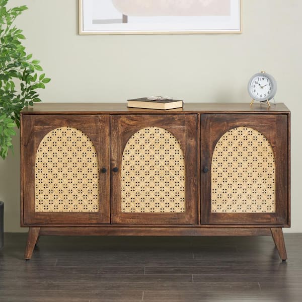 30 in. H x 53 in. W Brown Mango Wood Rattan 2-Shelf and 3-Door Cabinet with Rattan Front