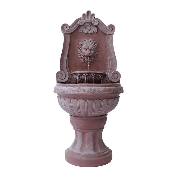 52.4 in. Sandstone Lion Head Floor Fountain, 2-Tier Outdoor Water Feature, Durable Resin Construction