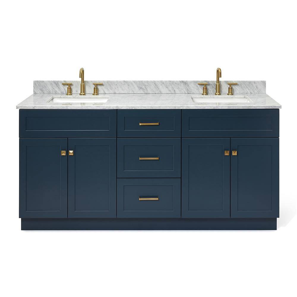 Midnight Blue Double Sink Freestanding Vanity with White Marble Top