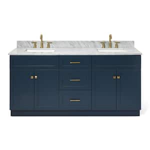 Hamlet 73 in. W x 22 in. D x 35.25 in. H Double Freestanding Bath Vanity in Midnight Blue with White Marble Top