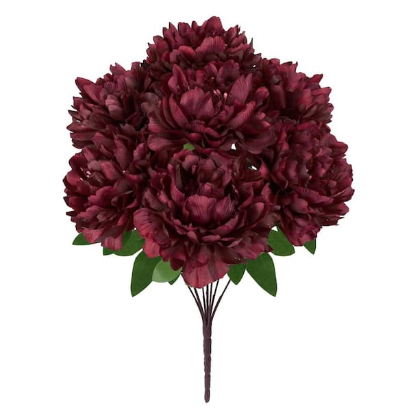 LIVING LUXURY 17 in. Burgundy Artificial Lush Hybrid Peony Flower Stem Bush Bouquet (Set of 2)