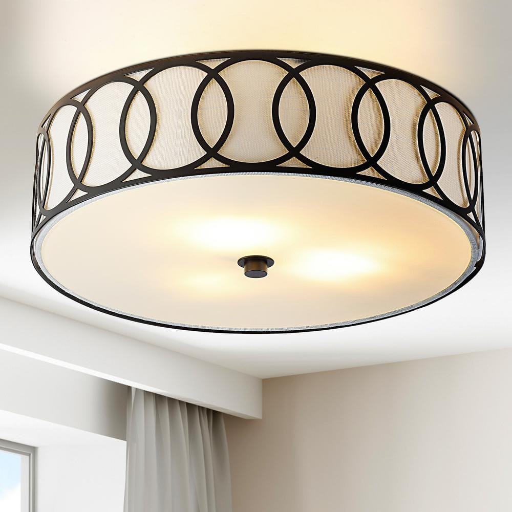 Aubrey Contemporary 15.5" LED Flush Mount in Oil Rubbed Bronze with Linen Shade
