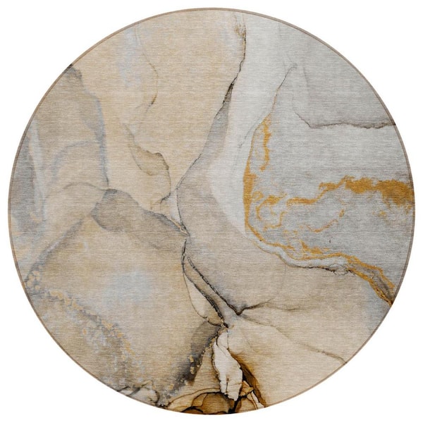 Beige 8 ft. Round Abstract Indoor / Outdoor Area Rug