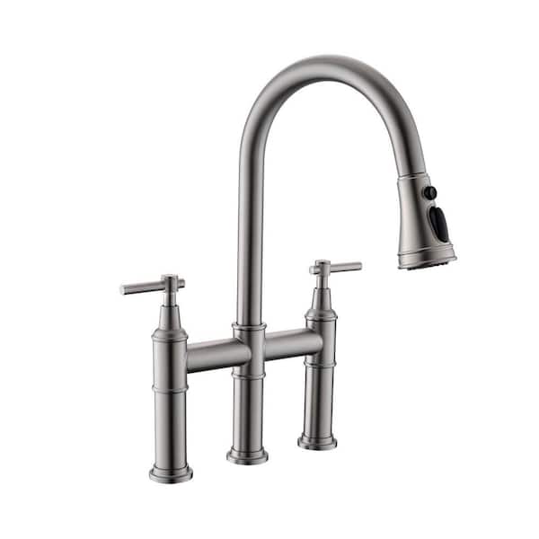 Double Handle Bridge Kitchen Faucet in Brushed Nickel