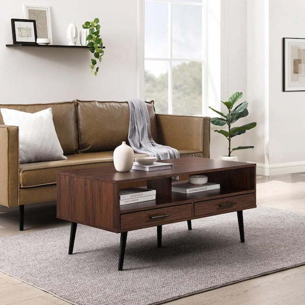 Welwick Designs 40 in. Dark Walnut Rectangle Wood Modern Coffee Table with 2 Drawers