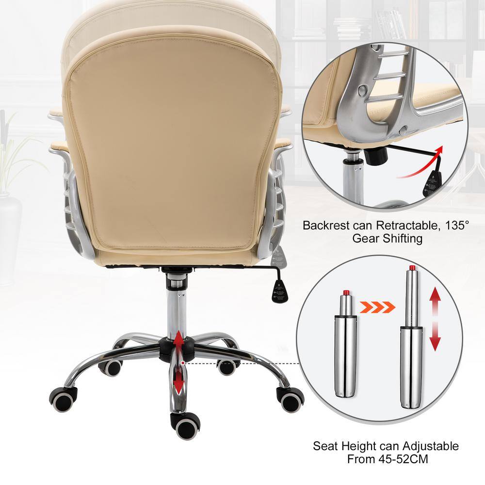 Beige Tufted Leather Swivel Executive Office Chair