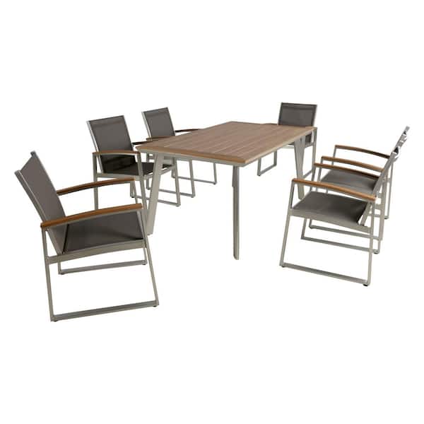 Leeds 7-Piece Silver and Grey Aluminum Outdoor Dining Set with Faux Wood Table Top