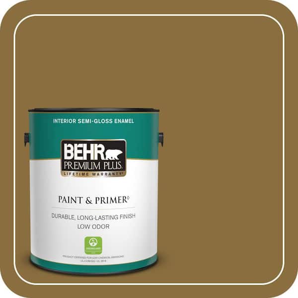 BEHR PREMIUM PLUS 1 Gal. #S310-7A Vintage Brass Semi-Gloss Enamel Low Odor Interior Paint and Primer