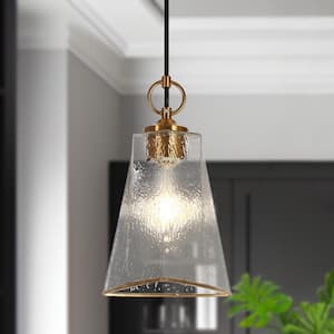 Modern 1-Light Brass Island Pendant Light with Irregular Bell Clear Wavy Glass Shade Foyer Lantern, LED Compatible