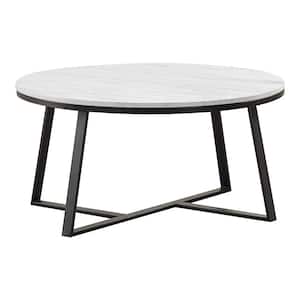 36 in. White and Matte Black Round Faux Marble Coffee Table