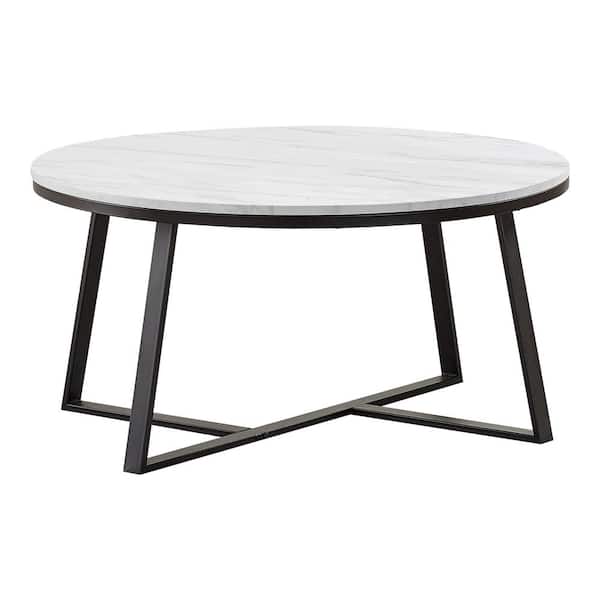 Coaster 36 in. White and Matte Black Round Faux Marble Coffee Table