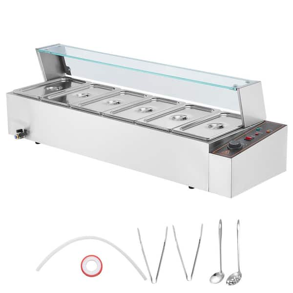 6-Pan Commercial Food Warmer 6 x 5 qt. Electric Steam Table with Glass Cover, 1500 W Countertop Stainless Steel, Silver