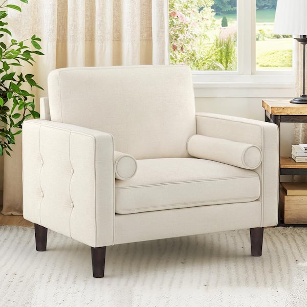LUE BONA Loyo Mid Century Beige Chenille Fabric Upholstered Accent Chair Solid Wood Frame Button Tufted Armchair