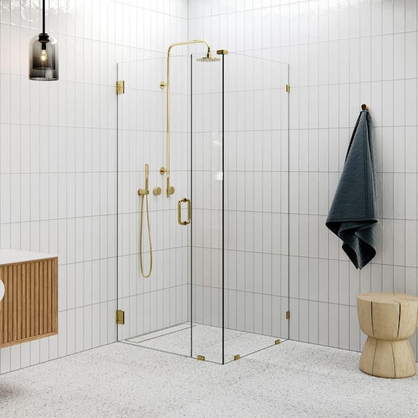 38 in. W x 34 in. D x 78 in. H Pivot Frameless Corner Shower Enclosure in Polished Brass Finish with Clear Glass