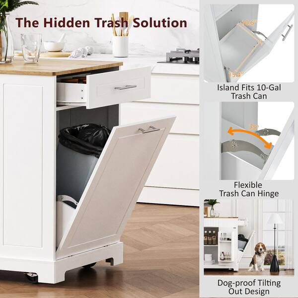 バーカウンター White Wood Rolling Kitchen Island Bar Cart with 10 Gal. Trash Can