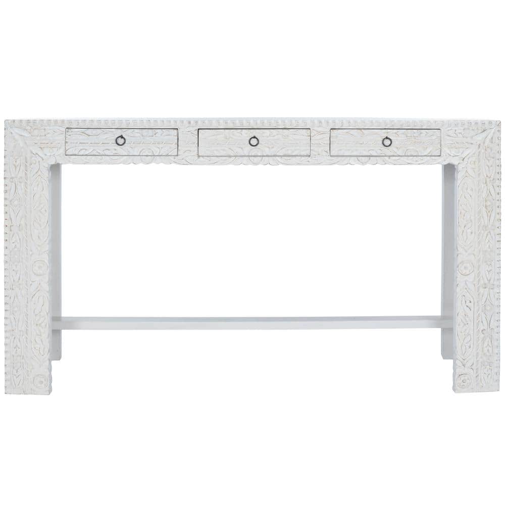 Light Mango Wood Carved Entryway Console Table with Storage