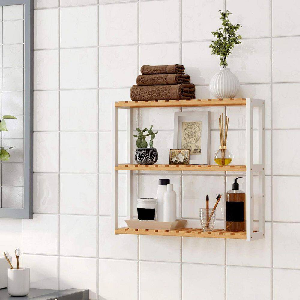 Natural Bamboo and White Adjustable 3-Tier Utility Shelf