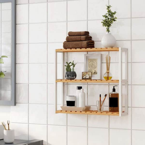 Dracelo 3-Tier Brown Bathroom Ladder Shelf, Bathroom Floor Storage Shelf with Drawer