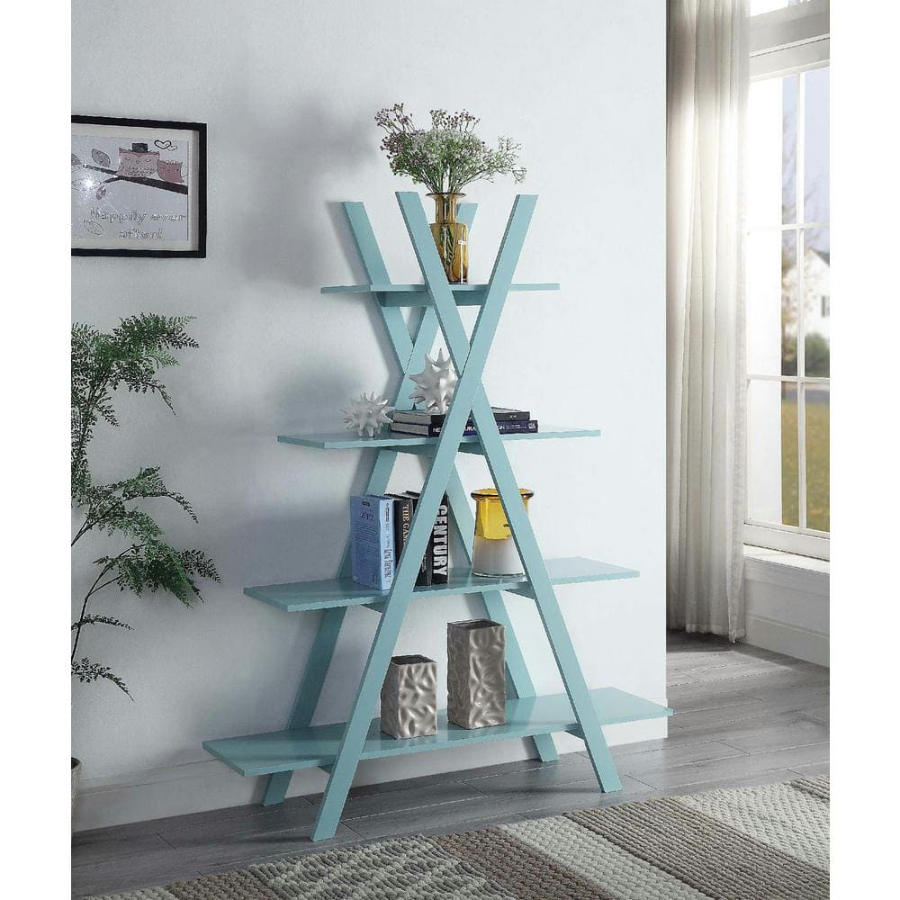 Contemporary White Wood Ladder Bookcase with 4 Open Tiers