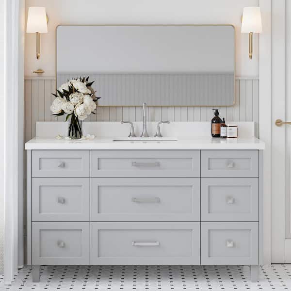 ARIEL Monroe 61 in. W x 22 in. D x 36 in. H Single Sink Bath Vanity in Grey with Pure White Quartz Top